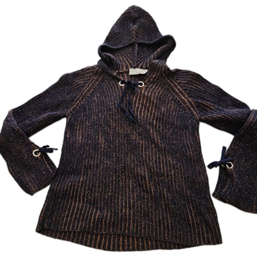 Vintage Fiorlini International Women's Hooded Sweater Top Tie Two Tone Navy M